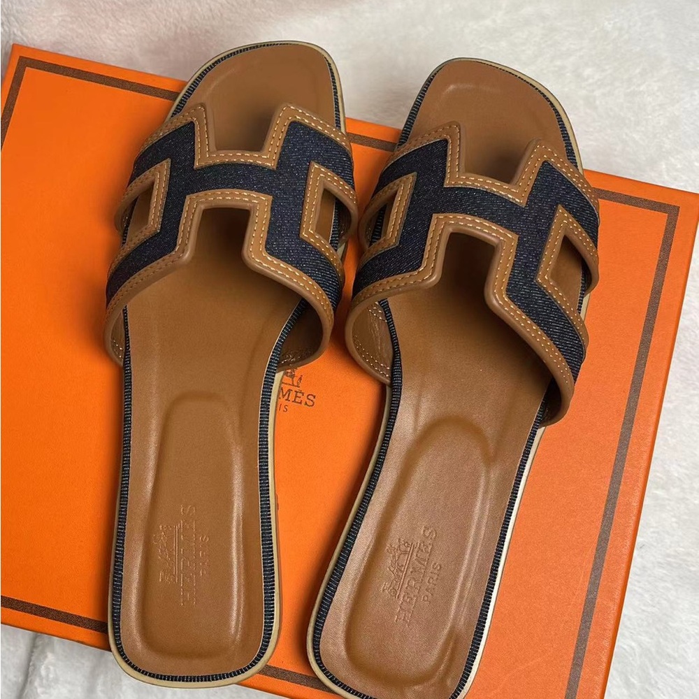 Hermes Classic Oran Denim Trim Leather Sandals